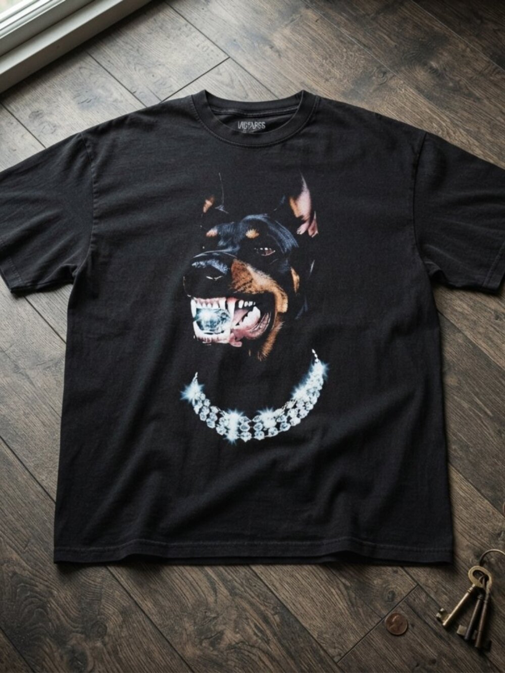 Doberman With Diamond Necklace Graphic Black T-Shirt